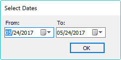 Screenshot of the Select Dates window with a date range and an OK button