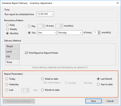 Screenshot with the Report Parameters section highlighted