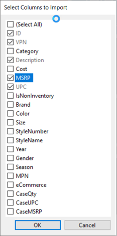 Screenshot of Select Columns to Import list