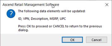 Screenshot of pop up that says "The following data elements will be updated" with OK and Cancel buttons