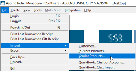 Screenshot of Ascend desktop with File selected, then Import selected, then Vendor Products... selected