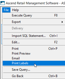 Screenshot of open File menu with Print Labels selected