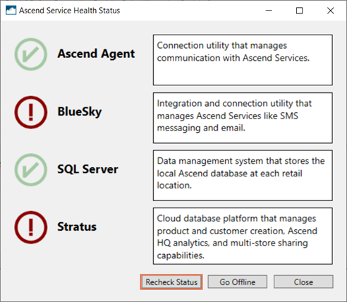 Screenshot of the Ascend Service Health Status pop up with Recheck Status highlighted