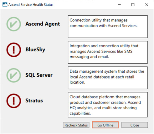 Screenshot of the Ascend Service Health Status pop up with Go Offline highlighted
