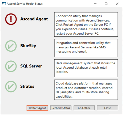 Screenshot of the Ascend Service Health Status pop up with Restart Agent highlighted