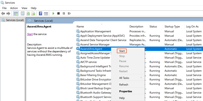 Screenshot of the Services window with Ascend.Rms.Agent selected with Start highlighted