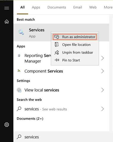 Screenshot of Services with "Run as Administrator" highlighted
