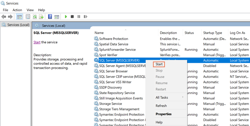 Screenshot of the Services window with SQL Server (MSSQLSERVER) selected with Start highlighted