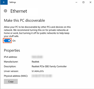 Screenshot with slider to On under Make this PC discoverable