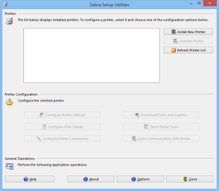 Screenshot of Zebra Utilities window