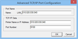 Screenshot of  Advanced TCP/IP Port Configuration window showing name field, printer name or IP address field, and port number