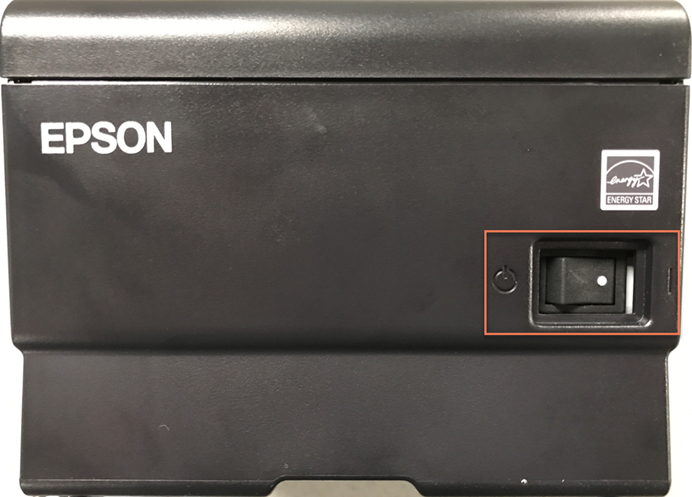 Photo of the printer with the on/off switch highlighted