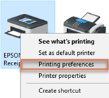 인쇄 기본 설정이 강조 표시된 드라이버 메뉴 스크린샷