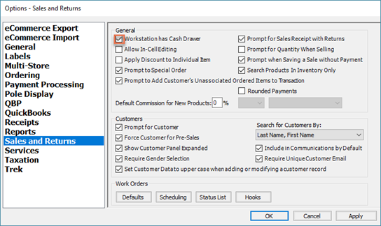Screenshot of Options, Sales and Returns window with the checkbox for "Workstation has Cash Drawer" highlighted