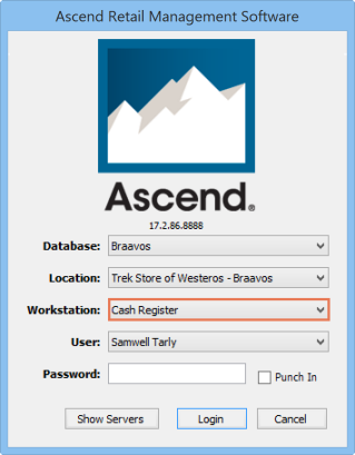Screenshot of the login screen with Cash Register highlighted in the Workstation dropdown menu