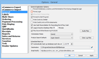 Screenshot of the General, Options window with Prevent Database, Location, and Workstation from being changed checkbox highlighted