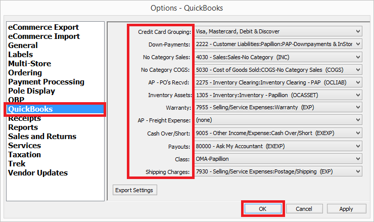 Screenshot of Options, then Quickbooks. The options are detailed in the table below