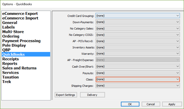 Screenshot of Options window with Quickbooks selected. The dropdown next to Class is highlighted and it says "(None)"