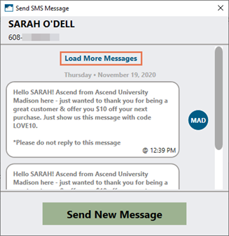 Screenshot of Send SMS Message window with Load More Messages highlighted
