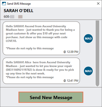 Screenshot of Send SMS Message window with Send New Message highlighted