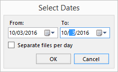 Captura de pantalla de la ventana Seleccionar fechas. La casilla Separar ficheros por día no está marcada.