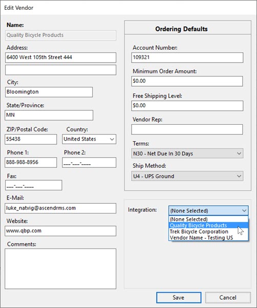 Screenshot of Edit Vendor options. Next to "integration" the dropdown menu is set to Quality Bicycle Products