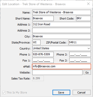 Screenshot of Edit Location window with Email highlighted