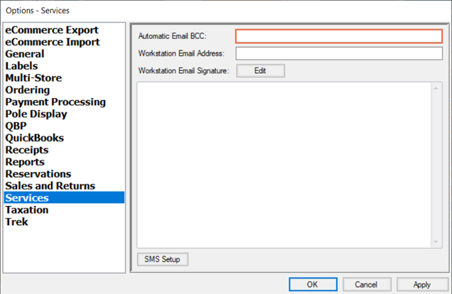 Screenshot of Options window with Services selected. The box next to "Automatic Email BCC" is highlighted
