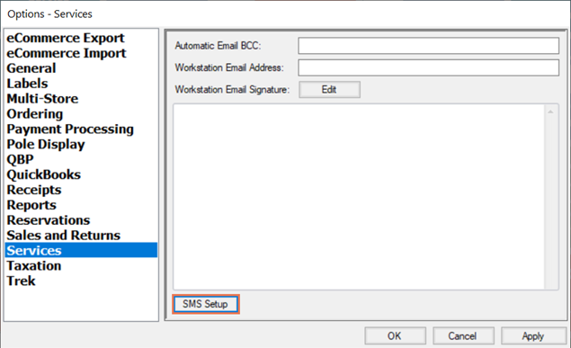 Screenshot of Options window with Services selected. The SMS Setup button is highlighted