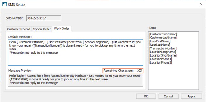 Screenshot of SMS Setup with Remaining Characters highlighted