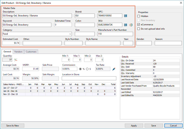 Screenshot of Edit Product window with the Master Data section highlighted