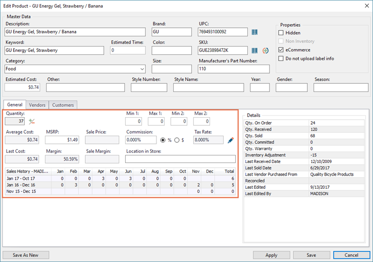 Screenshot of Edit Product window with the General section highlighted