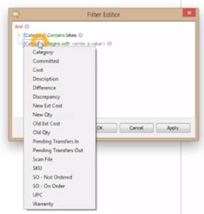 Screenshot of the filter editor with the blue dropdown highlighted
