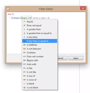 Screenshot of the filter editor with the green dropdown highlighted