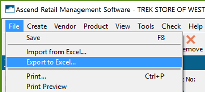 Screenshot of the open File menu with Export to Excel selected