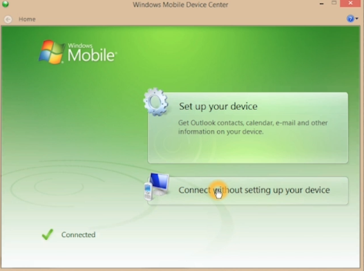 Screenshot of Windows Mobile Device Center with the cursor over Connect without setting up your device