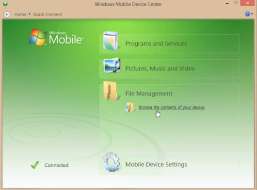 Screenshot of Windows Mobile Device Center with the cursor over File Management > Browse the contents of your device