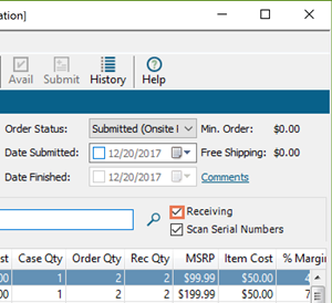 Screenshot of the orders window with the Receiving checkbox checked and highlighted