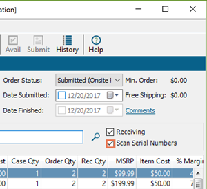 Screenshot of the orders window with the Scan Serial Numbers checkbox checked and highlighted