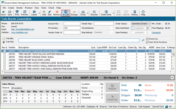 Screenshot of the Vendor Order window with the In-Cell icon highlighted