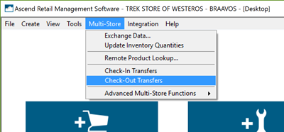Screenshot of the Ascend desktop with Multi-store dropdown open and Check-Out Transfers selected