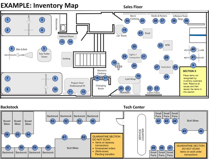 Screenshot of an inventory map showing the numbered sections within the store