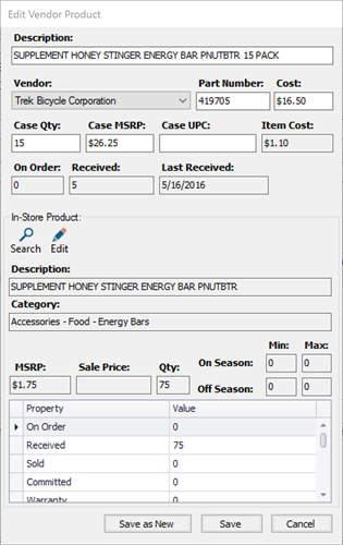 Screenshot of the Edit Vendor Product window