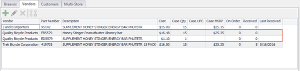 Screenshot of Vendor tab with two Quality Bike Products products highlighted