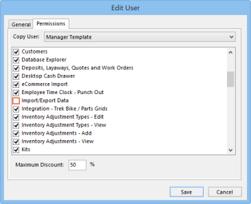Screenshot of the Edit User window. The box next to Import/Export Data is highlighted and unchecked.