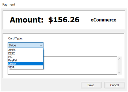 Screenshot of Payment window with Card Type drop-down open and Stripe selected