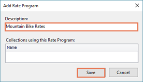 Screenshot of Add Rate Program pop up with the box under Description highlighted and the Save button highlighted