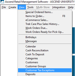 Screenshot of View menu open with Customer Tax Exceptions selected