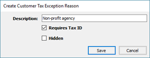 Screenshot of Customer Tax Exceptions window with the box next to Require Tax ID checked