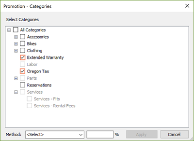 Screenshot of the Promotion - Category window. The boxes next to Extended Warranty and Oregon Tax are checked and highlighted